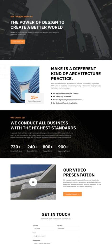 Modern architecture firm website homepage design.