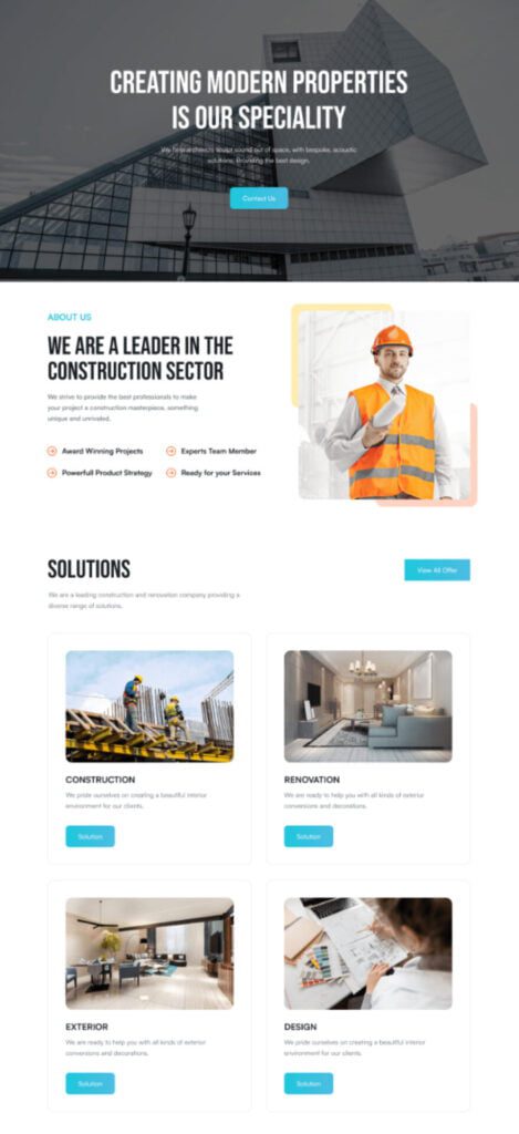 Construction company homepage with services and contact info.